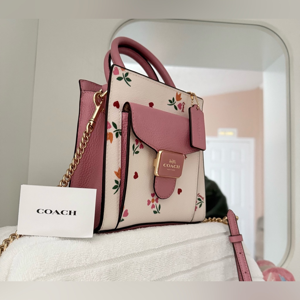 Coach Mini Pepper Crossbody Heart Petal Print Chalk Multi Canvas Leather